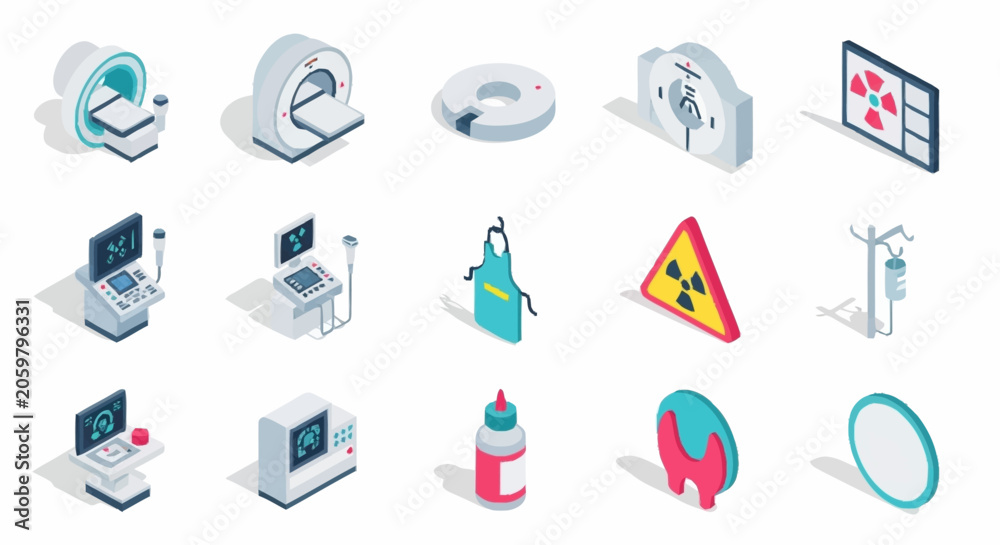 Fototapeta premium Collection of isometric medical equipment and symbols, including MRI scanner, ultrasound, radiation warning, and medical symbols.
