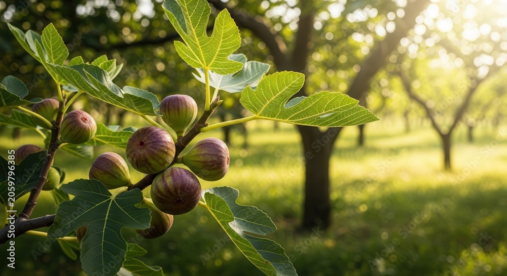 Fototapeta premium close-up of fig tree branch with unripe figs in orchard