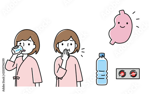 検査着を着て胃のX線検査のための準備をする女性のイラスト