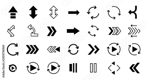 Collection of various black and white arrow icons and symbols on a white background