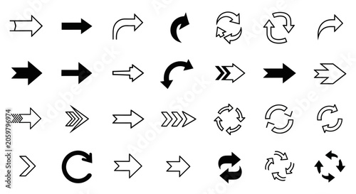Collection of various arrow symbols and circular arrows in black and white colors
