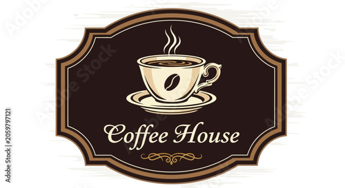 A classic coffee cup with steam and a coffee bean on a decorative sign for a cafe