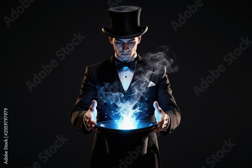 Magician in top hat conjures blue energy and smoke from his hands over a black background. Illusionist performs mysterious trick with magical effect for entertainment.