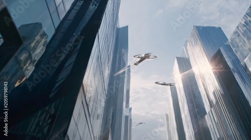 Futuristic urban landscape featuring sleek flying vehicles cruising between towering glass skyscrapers with bright sunlight and lens flare for sci-fi background.