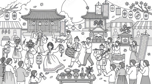 Traditional Korean Village Festival Celebration Scene.