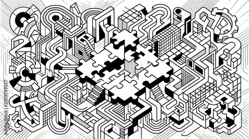 Complex puzzle pieces in maze.