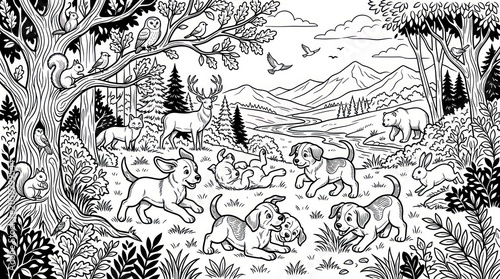 Dogs Playing in Forest Landscape Scene.