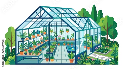 Greenhouse with plants and gardening tools.