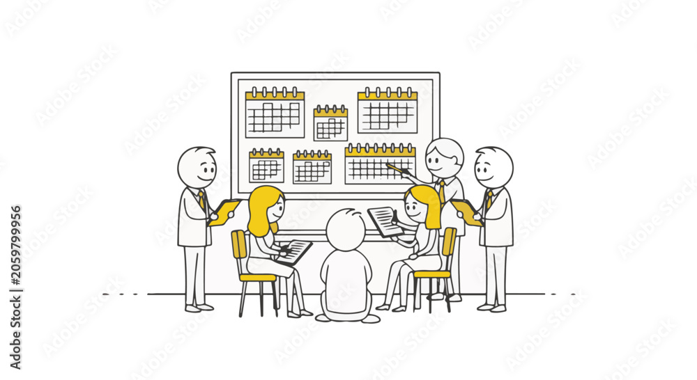Fototapeta premium Doodle Illustration of a Professional Business Team Meeting for Time Management, Project Planning, and Scheduling Tasks on a Large Whiteboard Featuring Multiple Calendar Grids
