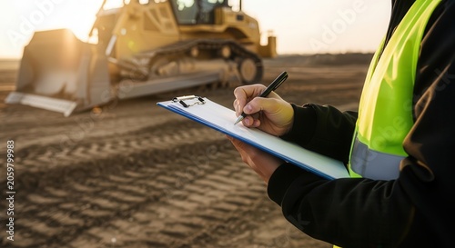 construction worker with clipboard and pen near bulldozer