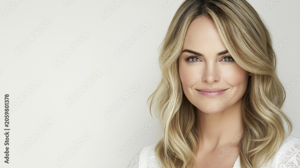 Naklejka premium Cheerful blonde woman smiling gently. Joy and happiness concept.