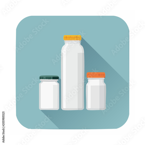 Flat design illustration of bottles and jars with caps