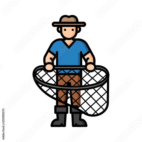 Cartoon boy in plaid shirt with basket of apples.