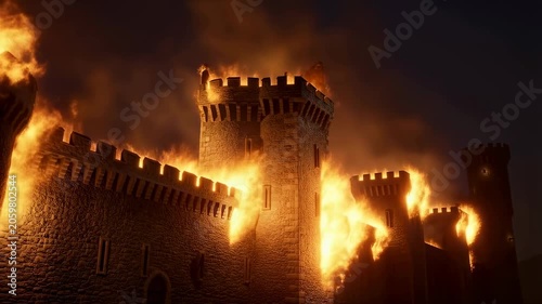 Medieval castle engulfed in flames at night. A dramatic representation of destruction and chaos in a historical context
