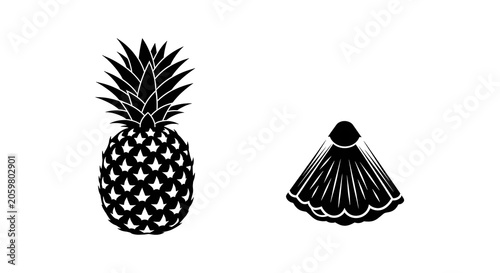 Black pine cone and mushroom illustration set.