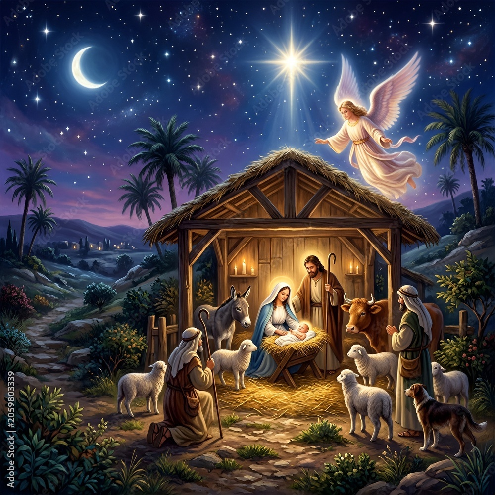Fototapeta premium Nativity Scene: Angel, Star of Bethlehem, Manger, Shepherds, Animals, Night Sky