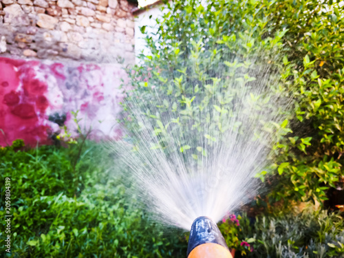 Watering Plants in a Beautiful Rustic Garden with Hose Nozzle
