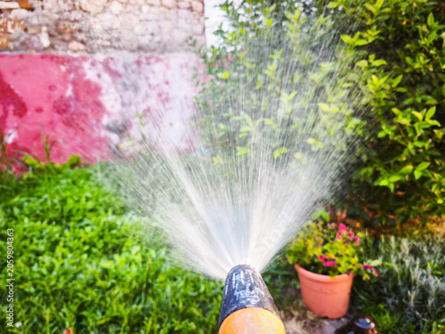 Watering Plants in a Beautiful Rustic Garden with Hose Nozzle