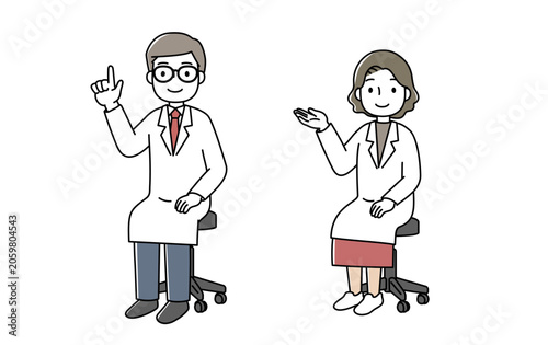 椅子に座っている白衣を着た男女のポーズのイラスト