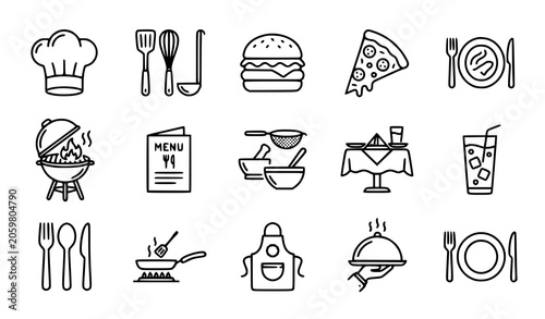 Tableau sur toile Restaurant food line icon set chef cooking utensils burger pizza and barbecue sy
