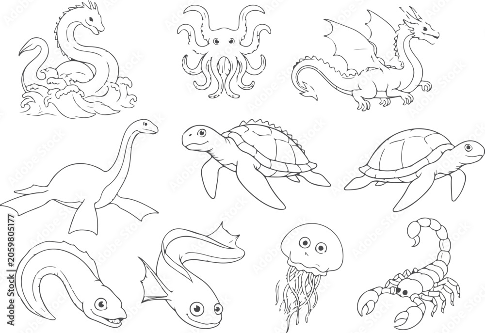 Fototapeta premium Collection of sea creatures, dragons, octopus, plesiosaur, turtle, jellyfish, scorpion, transparent background.