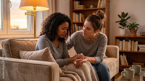Young woman comforting her sad friend at home, holding hands with warm and soft lighting, emotional support stock photo.