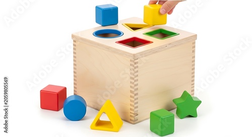 Wooden shape sorting box with colorful geometric blocks isolated on white background