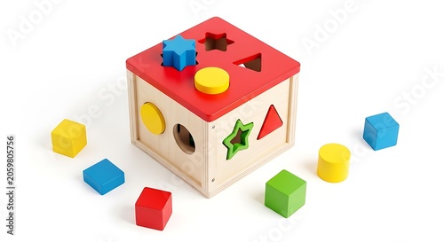 Wooden shape sorter toy cube with colorful geometric blocks isolated on white