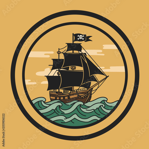 Vintage pirate ship illustration with black sails and skull flag on ocean waves.