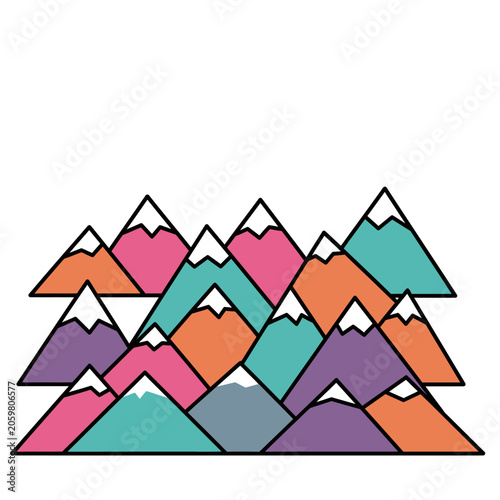 Colorful minimalist mountain range illustration with snow caps