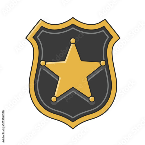 Close up of a golden sheriff star badge on a dark shield emblem