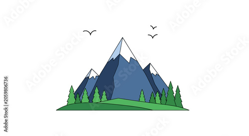 Mountain range landscape with pine trees and birds