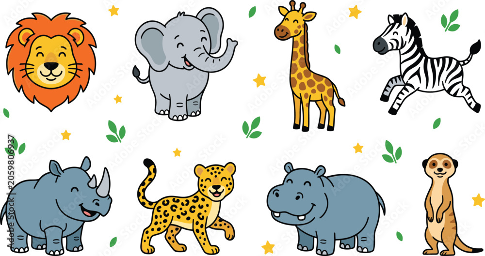Fototapeta premium Cute Safari Animal Collection Featuring Cartoon Lion Elephant Giraffe Zebra Rhino Leopard Hippo and Meerkat Characters for Kids Vector Illustration Set