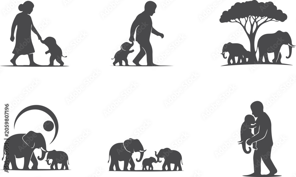 Obraz premium Elephant family walking and embracing parent child illustrations on transparent background.