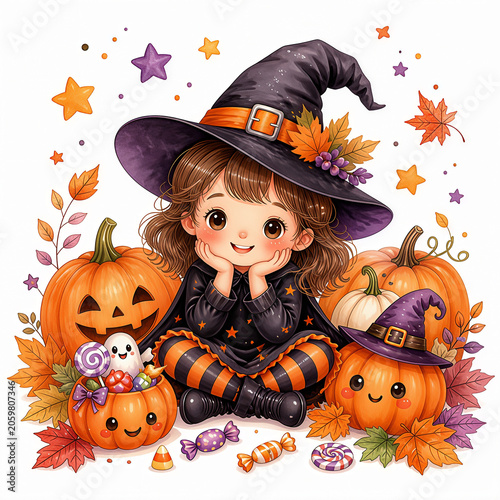 Cute Halloween kid surrounded by pumpkins, candy, stars and autumn leaves, watercolor illustration, isolated on white background