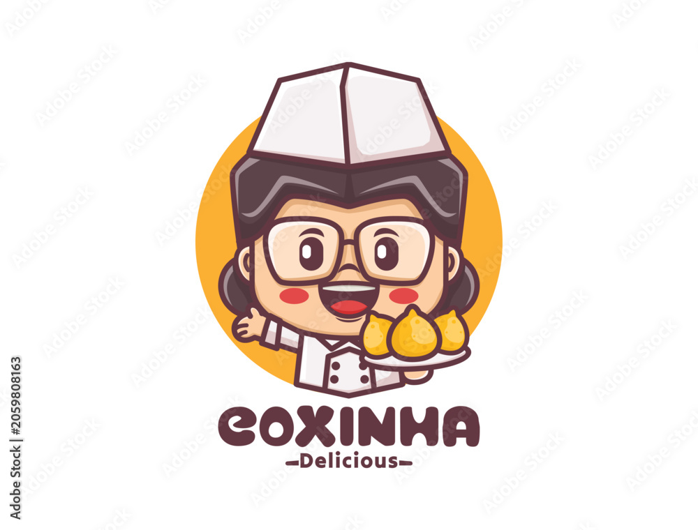 Obraz premium Cheerful female chef with coxinha mascot