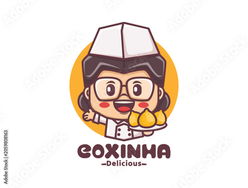 Cheerful female chef with coxinha mascot