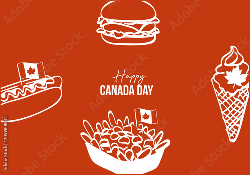 Happy Canada day celebration with iconic Canadian foods on red background