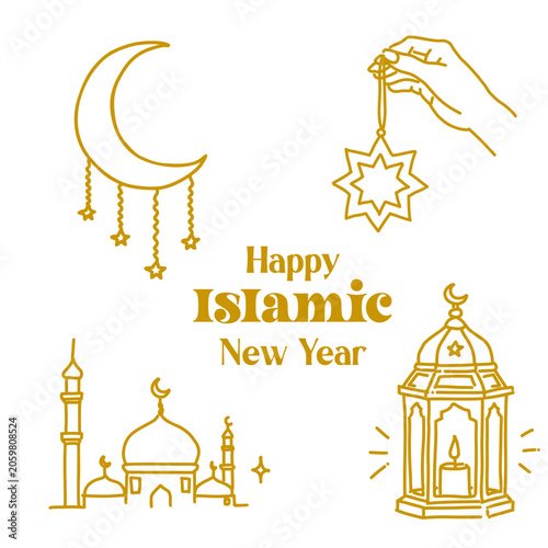 Celebrating Islamic new year with crescent moon and lantern illustrations