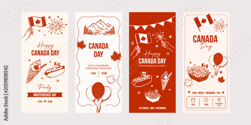Set Canada day celebration party banners with maple leaves, flags, and Canadian icons