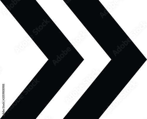 Minimalist Double Chevron Line Arrow Pointing Right, Black Dual Fast Forward UI Icon, Scalable EPS Vector File