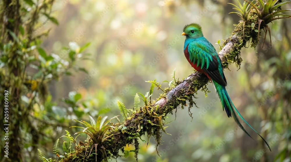 Fototapeta premium Resplendent Quetzal perched on mossy branch in lush rainforest