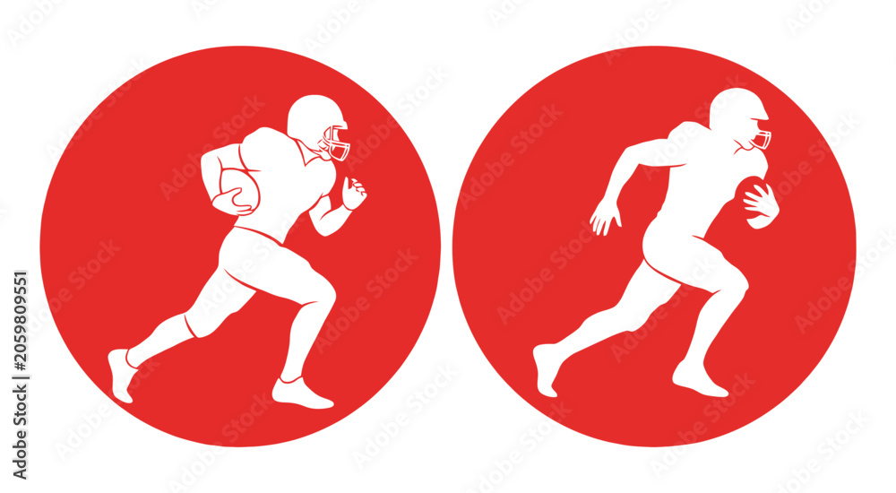 Obraz premium American football player silhouettes on red circular backgrounds athlete athletics