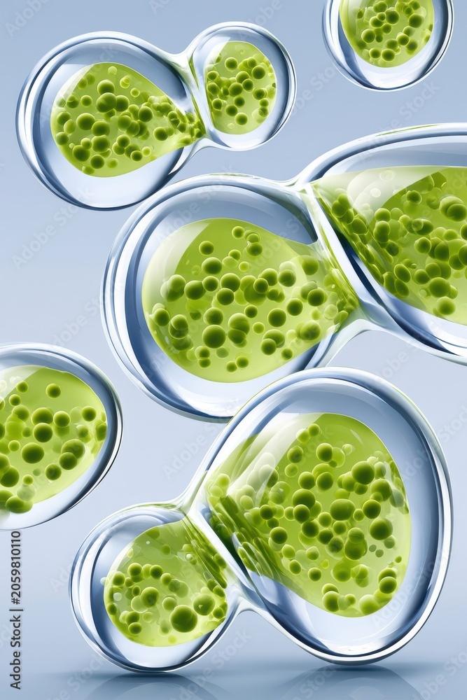 Obraz premium Transparent reflective spheres and green liquid bubbles evoking microscopic cells and biotech concepts