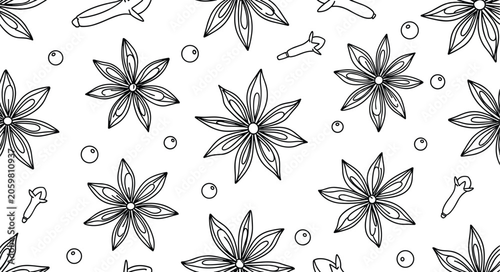 Fototapeta premium Close up seamless pattern of hand drawn star anise seeds and small peppercorns in black and white line art style.