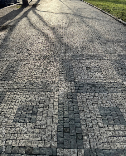 Fotografi patterned paving stones in the pedestrian area with shadows, textured background
