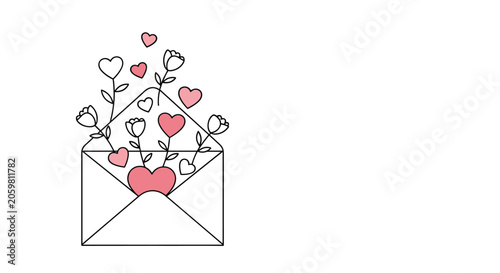 Romantic illustration of an open envelope with pink hearts and white flowers growing out of it for valentine or wedding invitations.