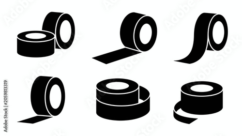 Flat design icons of black rubber bands and metal clips