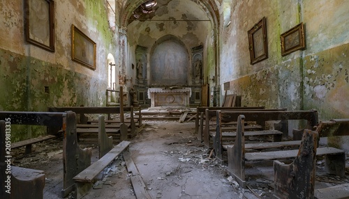 Interior of an abandoned church with wooden benches