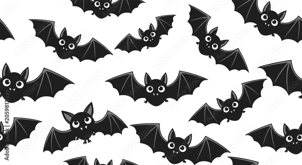 Fototapeta premium Seamless pattern of cute black bats with large eyes flying across a white background for halloween decorations and children party supplies.
